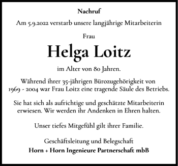 Traueranzeige von Helga Loitz von Holsteinischer Courier