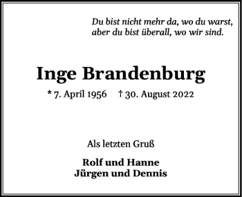 Traueranzeige von Inge Brandenburg von Uetersener Nachrichten