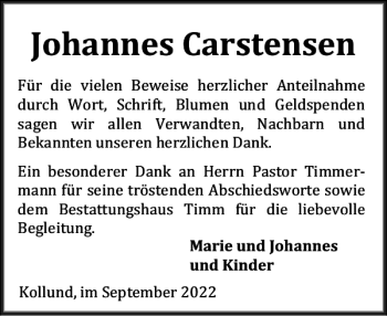 Traueranzeige von Johannes Carstensen von Husumer Nachrichten