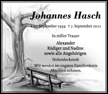 Traueranzeige von Johannes Hasch von Norddeutsche Rundschau