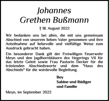 Traueranzeige von Johannes Grethen Bußmann von Flensburger Tageblatt