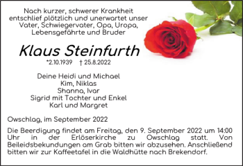 Traueranzeige von Klaus Steinfurth von Landeszeitung