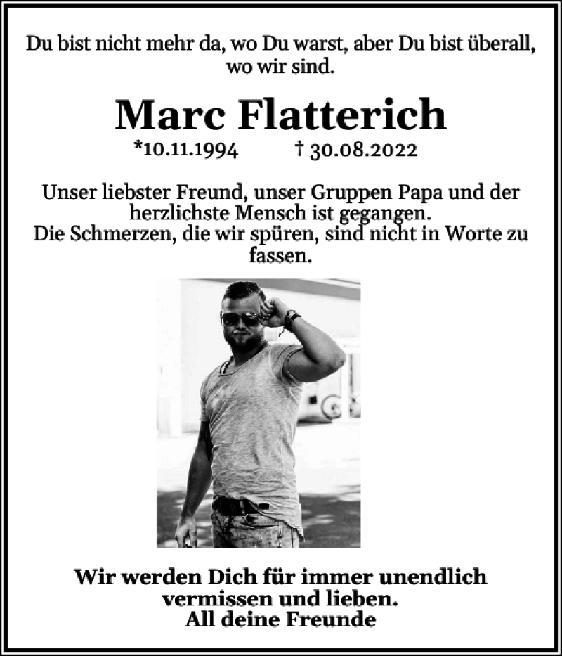  Traueranzeige für Marc Flatterich vom 05.09.2022 aus Husumer Nachrichten
