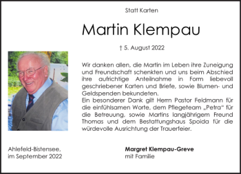 Traueranzeige von Martin Klempau von Landeszeitung