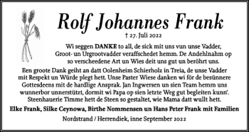 Traueranzeige von Rolf Johannes Frank von Husumer Nachrichten