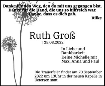 Traueranzeige von Ruth Groß von Uetersener Nachrichten