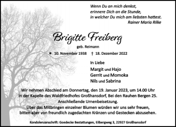 Traueranzeige von Brigitte Freiberg von Stormarner Tageblatt