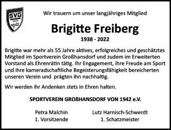 Traueranzeige von Brigitte Freiberg von Stormarner Tageblatt