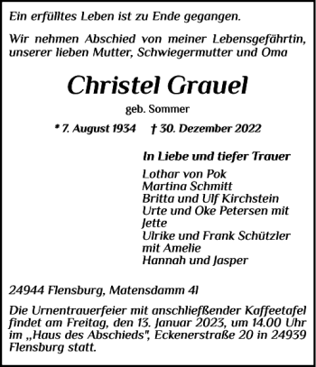 Traueranzeige von Christel Grauel von Flensburger Tageblatt