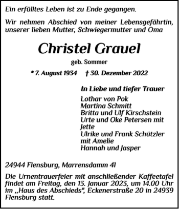 Traueranzeige von Christel Grauel von Flensburger Tageblatt