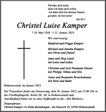 Traueranzeige von Christel Luise Kamper von Landeszeitung