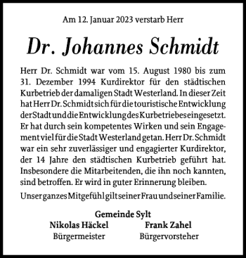 Traueranzeige von Dr. Johannes Schmidt von Sylter Rundschau
