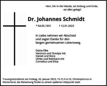 Traueranzeige von Dr. Johannes Schmidt von Sylter Rundschau