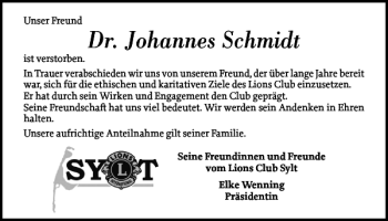 Traueranzeige von Dr. Johannes Schmidt von Sylter Rundschau