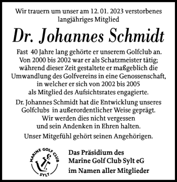 Traueranzeige von Dr. Johannes Schmidt von Sylter Rundschau