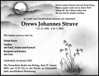 Traueranzeige von Drews Johannes Struve von Norddeutsche Rundschau