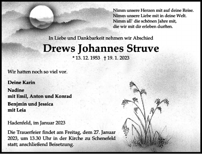  Traueranzeige für Drews Johannes Struve vom 23.01.2023 aus Norddeutsche Rundschau