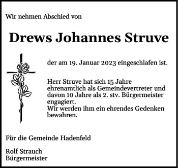 Traueranzeige von Drews Johannes Struve von Norddeutsche Rundschau