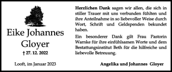 Traueranzeige von Eike Johannes Gloyer von Norddeutsche Rundschau