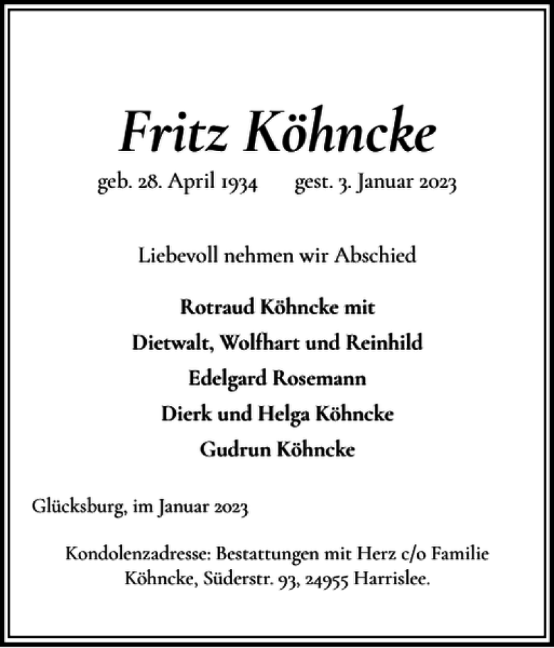  Traueranzeige für Fritz Köhncke vom 21.01.2023 aus Flensburger Tageblatt