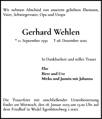 Traueranzeige von Gerhard Wehlen von Wedel-Schulauer Tageblatt