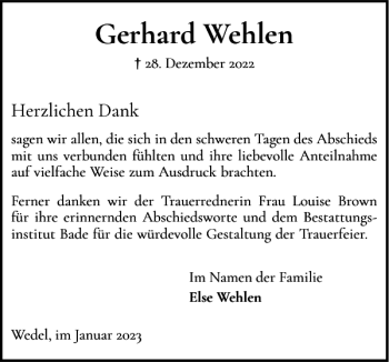 Traueranzeige von Gerhard Wehlen von Wedel-Schulauer Tageblatt