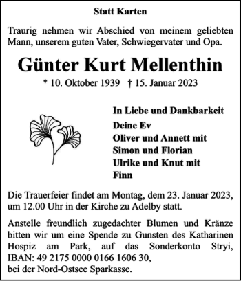 Traueranzeige von Günter Kurt Mellenthin von Flensburger Tageblatt