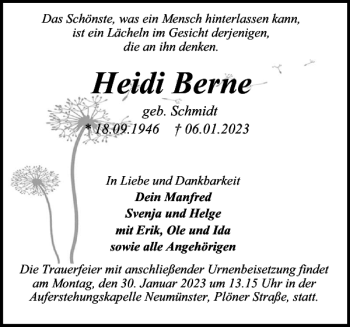 Traueranzeige von Heidi Berne von Holsteinischer Courier