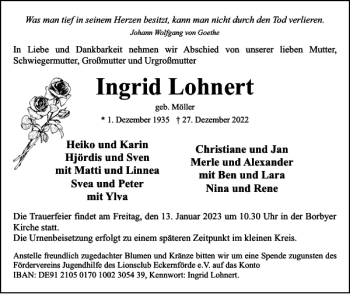 Traueranzeige von Ingrid Lohnert von Eckernförder Zeitung