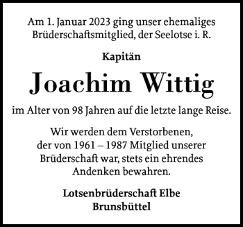 Traueranzeige von Joachim Wittig von Norddeutsche Rundschau