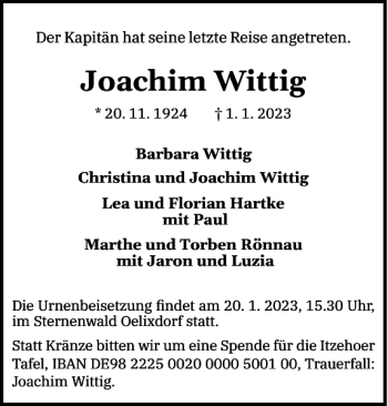 Traueranzeige von Joachim Wittig von Norddeutsche Rundschau