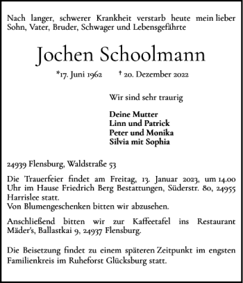 Traueranzeige von Jochen Schoolmann von Flensburger Tageblatt