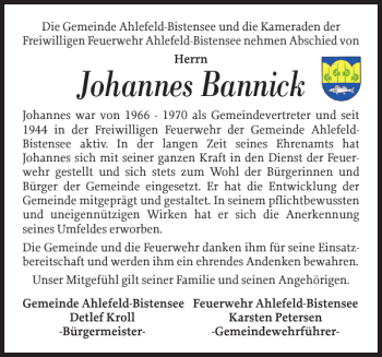 Traueranzeige von Johannes Bannick von Eckernförder Zeitung