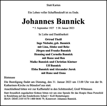 Traueranzeige von Johannes Bannick von Eckernförder Zeitung
