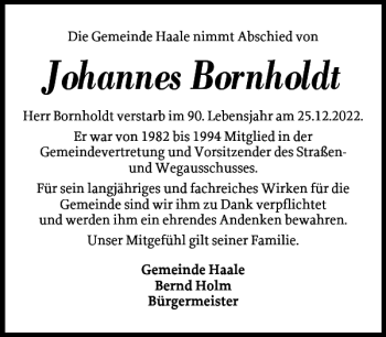 Traueranzeige von Johannes Bornholdt von Landeszeitung