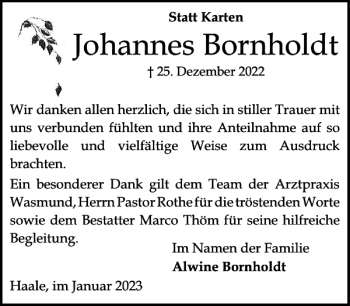 Traueranzeige von Johannes Bornholdt von Landeszeitung