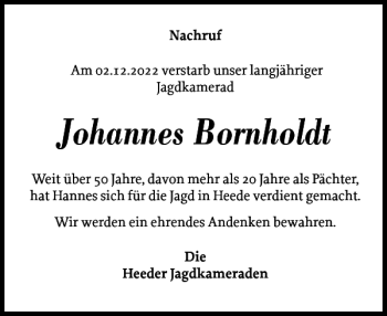 Traueranzeige von Johannes Bornholdt von Elmshorner Nachrichten