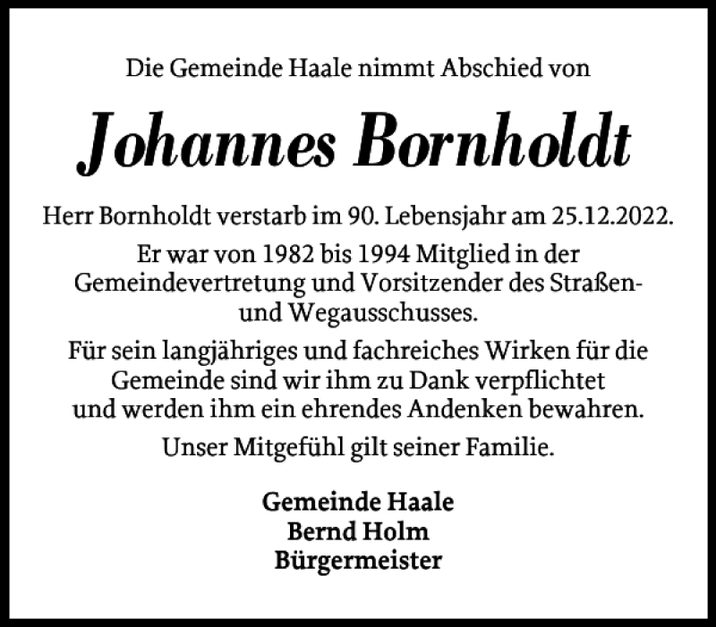 Traueranzeige für Johannes Bornholdt vom 06.01.2023 aus Landeszeitung