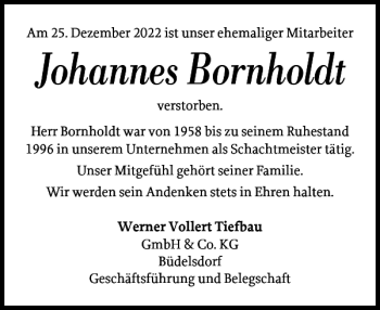 Traueranzeige von Johannes Bornholdt von Landeszeitung