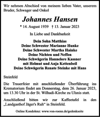 Traueranzeige von Johannes Hansen von Schleswiger Nachrichten