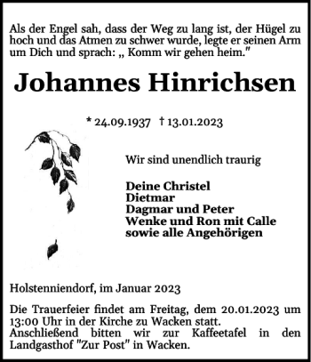Traueranzeige von Johannes Hinrichsen von Norddeutsche Rundschau