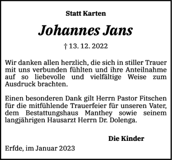 Traueranzeige von Johannes Jans von Landeszeitung