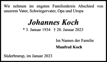 Traueranzeige von Johannes Koch von Schleswiger Nachrichten