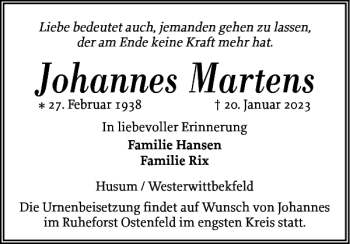 Traueranzeige von Johannes Martens von Husumer Nachrichten