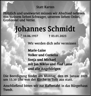 Traueranzeige von Johannes Schmidt von Flensburger Tageblatt