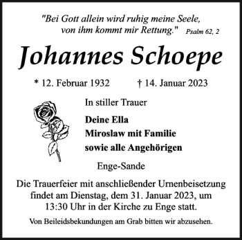 Traueranzeige von Johannes Schoepe von Nordfriesland Tageblatt