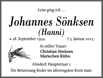Traueranzeige von Johannes Sönksen von Husumer Nachrichten