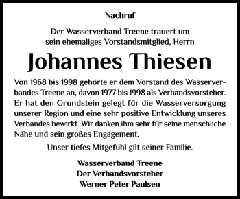 Traueranzeige von Johannes Thiesen von Husumer Nachrichten