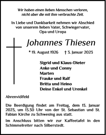 Traueranzeige von Johannes Thiesen von Husumer Nachrichten
