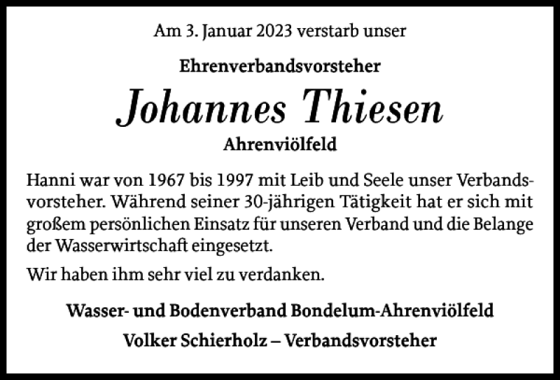  Traueranzeige für Johannes Thiesen vom 12.01.2023 aus Husumer Nachrichten